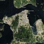 Anacortes - at the top end of Fidalgo Island - is the squared-off area in this Bing satellite image. The north end of the Swinomish Channel can be seen at lower right. The two faint lines at the north end of the peninsula are oil tanker pump-off docks, and to the left of them on the main peninsula is where Anacortes Marina is located.