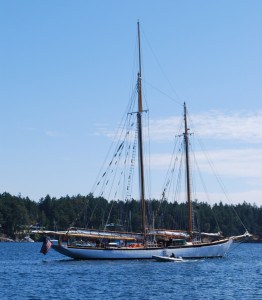 The 160' tall ship, Zodiac, based in Bellingham was anchored in Roche Harbor on our way out to Sidney.  Her website, www.schoonerzodiac.com, indicates she's about to head for Desolation Sound.  It's hard to gauge her size until you see the tiny figure in the dinghy alongside.