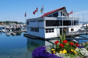 The harbourmaster building on floats at Port Sidney Marina.  Boater's lounges are on the ground floor and the harbourmaster's office is on the second floor.