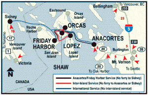 It's a busy ferry route between Anacortes and San Juan Island. The blue line is the Anacortes-Sidney Ferry - which also stops at Friday Harbor, and the purple route is the Inter-Island ferry that loops between Orcas, Shaw, and Lopez Islands.