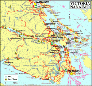 This map shows the lower end of Vancouver Island.  Victoria - the capital city of British Columbia - is at the SE tip, with the Saanich Peninsula running north of it.  Sidney is at the northern tip of Saanich Peninsula.  Notice how far north of this the U.S./Canada border rises above it.  The unnamed islands to the right of Sidney are the U.S. San Juan Islands; the islands to the north of it are the Canadian Gulf Islands - both sets of islands are in the same island group.