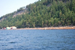 A log boom staging area and sawdust barge staging area in Northumberland Channel south of Nanaimo.