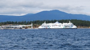 A B.C. Ferries super-ferry just departing the terminal south of Nanaimo.