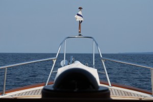 Here's what it looks like from the helm seat of Flying Colours.  Straight ahead - which is where dangerous stuff in the water comes from - the visibility isn't all that great, so you need to establish a frequent pattern of sweeping the water ahead of you with binoculars.  When there's lots of wood in the water, you need to have a second lookout in the pilot house.