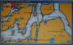 Nobeltec chart plotting screen on Lewis Channel.  Flying Colours is the green boat symbol at the bottom, and the green line is our course line.