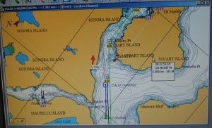 Nobeltec chart plotter screen showing approach to Yuculta Rapids. 