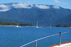 The flotilla of boats heading south, meeting us as we start into Yuculta Rapids to the north.