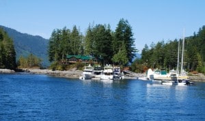 Approaching Dent Lodge.  The daily Kenmore Air flight from Seattle was at the dock when we arrived.  The main lodge with dining room is directly behind the boats in center.