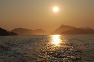 A morning sunrise shot from our stern of Mayne Passage, just before turning into Johnstone Strait.