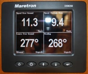 One of our really handy instruments - a small 3"x4" screen above the helm station that gives us (in the top two boxes) our "speed over the ground" and "speed through the water".  The speed over the ground is measured by GPS.  The difference between the two numbers gives us the water current speed - in this case, speed over the ground is faster, so we have a current "with us" - or helping us - of just under 2 knots.  The bottom two give us our heading and actual course over the ground (as measured by GPS).