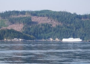 This is another logging operation on the shore of Johnstone Strait.  This time, the "camp" is supported - most likely for offices, housing, and feeding - by the old retired B.C. Ferries ferry that's tied up on the shore.  We saw this same ferry deep in Teakerne Inlet last year on our way south, and we wondered what the heck it was doing in such a remote area - now we know.