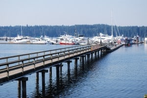 A view of the Fuel Dock Marina from shore – because of the tide flats, there's a long pier leading out to the first dock.  At low tide, it's stinky gooey mud all the way out to the hinged ramp that allows for the floating dock to rise and fall with the tide.