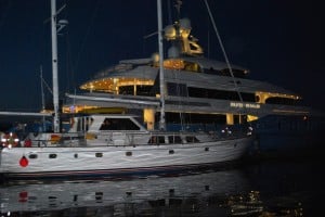 Silver Shalis lit up like a Christmas tree at night – we find this really annoying, but people who can afford a boat like this seem to think it’s chic.  It’s typically all about them, and they never give a thought to us “little people”.  The lights stayed on all night.  Imagine what it must have been like for the poor people in the sailboat across the dock from it.