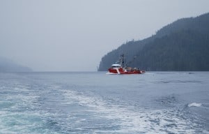 The Canadian Coast Guard fisheries research vessel, Neocaligus, finally alters course to give right of way to us and goes behind us. 