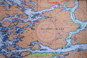 Broughton Archipelago chart.  The red line is our course from the entrance to the Broughton Archipelago on the left, to Kwatsi Bay Marina at the upper right.  The green line is the next day’s course from Kwatsi Bay to Lagoon Cove Marina – the exit from the Broughton’s.  The maze of islands and waterways in the leftmost 1/3rd is the heart of the Broughton Archipelago Marine Park.  Gilford Island is probably 20 by 10 miles.