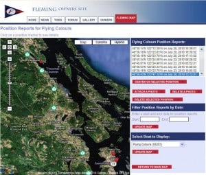 This screen shot from the Fleming Owner's Forum and web site is a Google Map that shows Flying Colours at Sidney (lower right red dot), and at Ovens Island (red dot upper left corner). 