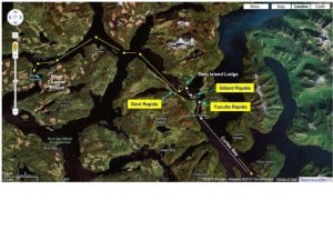 In white, here's the route from north of Cortes Bay, through Yuculta Rapids, then through Gillard Rapids and into Dent Lodge.  The following day we took the yellow route through Dent Rapids to Blind Channel.