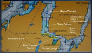 A screen shot from Nobeltec chart plotter of our course down Mayne Passage heading towards Johnstone Strait.