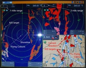 A screen shot of our radar images.  This screen is split 3-way, with a large - 1 mile range - radar image on the left, a small - 3-mile radar range on the upper right, and a small Furuno chart plotter image on the lower right.  AIS is our vessel tracking information that we get, identifying ships over 65' in length that are nearby.  The shoreline, shown in red on the radar image, is along Johnstone Strait.  On the 1-mile image, the rings emanating out from Flying Colours are 1/4 mile apart, so we're 3/4ths mile from the shore to our left, and 1/4 mile from the shore to our right - and therefore, Johnstone Strait is just a smidgeon over 1 mile wide at this point.