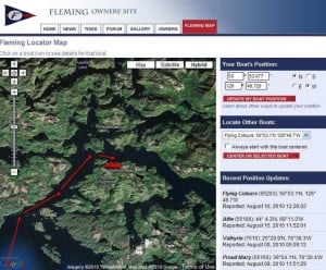 A screen shot from the Fleming Owner's web site, showing Flying Colours at Sullivan Bay on the north side of Broughton Island.  Wells Passage is to the left and downward.