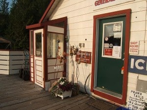 The Sullivan Bay General Store is the best stocked grocery in the Broughton's, including canned goods, fresh vegetables, milk and eggs, ice cream, beer, wine, and spirits.  They even have a DVD movie rental rack.  When you check in to pay for your moorage, they hand you two golf balls - for the afternoon hole-in-one competition - where you T-off on the end of the fuel dock and if your ball lands (or hits and bounces off) a derelict satellite TV dish anchored 200' offshore, you win a free night's moorage.