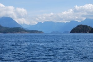 Desolation Sound is quite a large area of open water – probably five miles across – with spectacular towering mountains in the background.