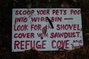 Our “dog poo” instruction board.  Note the 7” Pacific Northwest slug inching its way diagonally across the word “wire”. 