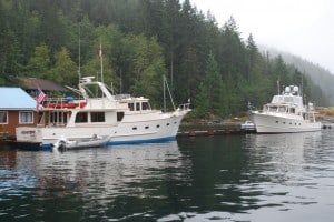 Two Fleming 55s, nose to nose on the dock at Refuge Cove.  The Andante, at left, is owned by Robin Gainey of Seattle.  She departed on the afternoon Kenmore Air flight to Seattle and is leaving Andante at Refuge Cove for two weeks while she returns home.