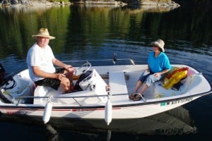 Steve and Shirley Clark in their Boston Whaler dinghy.