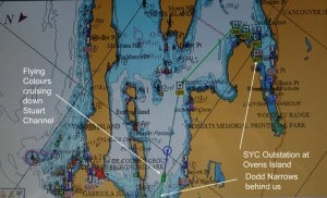 Here’s the Nobeltec chart plot of our course down Stuart Channel – Dodd Narrows is directly behind Flying Colours, and our course into Ovens Island in Ladysmith Harbour is shown in greed.  Vancouver Island is on the right side of the image; Thetis Island where Telegraph Cove Marina is located is directly ahead of our current course line – and we might head there if the raccoons are too bothersome at Ovens Island.